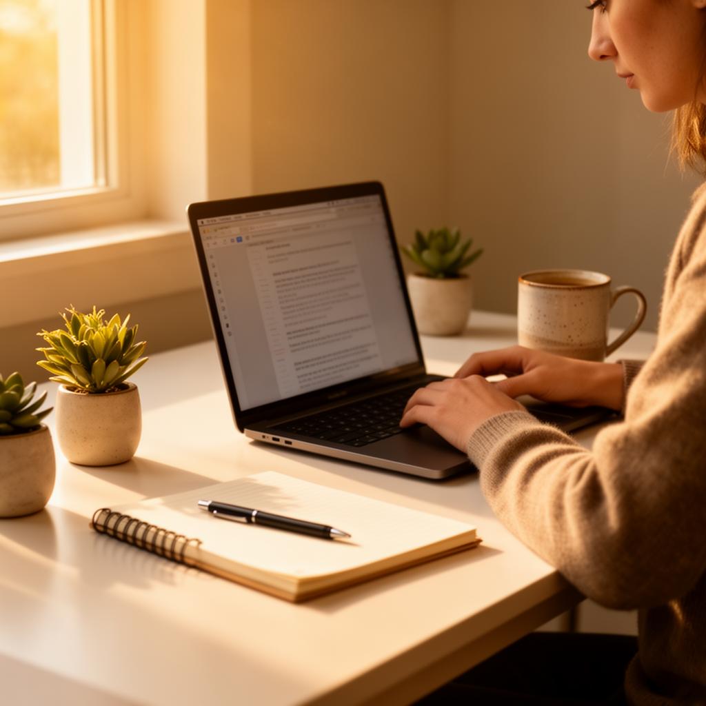 A person working at a sunlit desk with a laptop, coffee, plants and a notebook